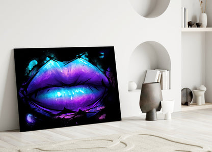 Purple Turquoise Galaxy Painted Lips Glass Wall Art