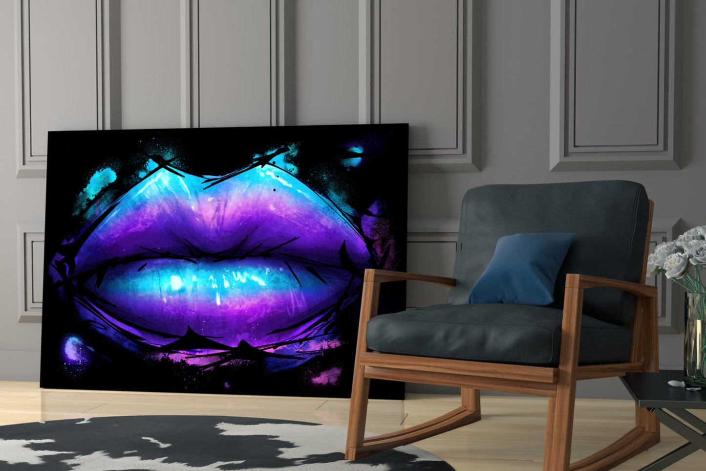 Purple Turquoise Galaxy Painted Lips Glass Wall Art