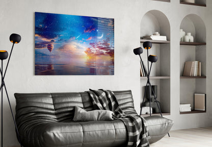 Hot Air Balloon Crescent Moon Sea Glass Wall Art