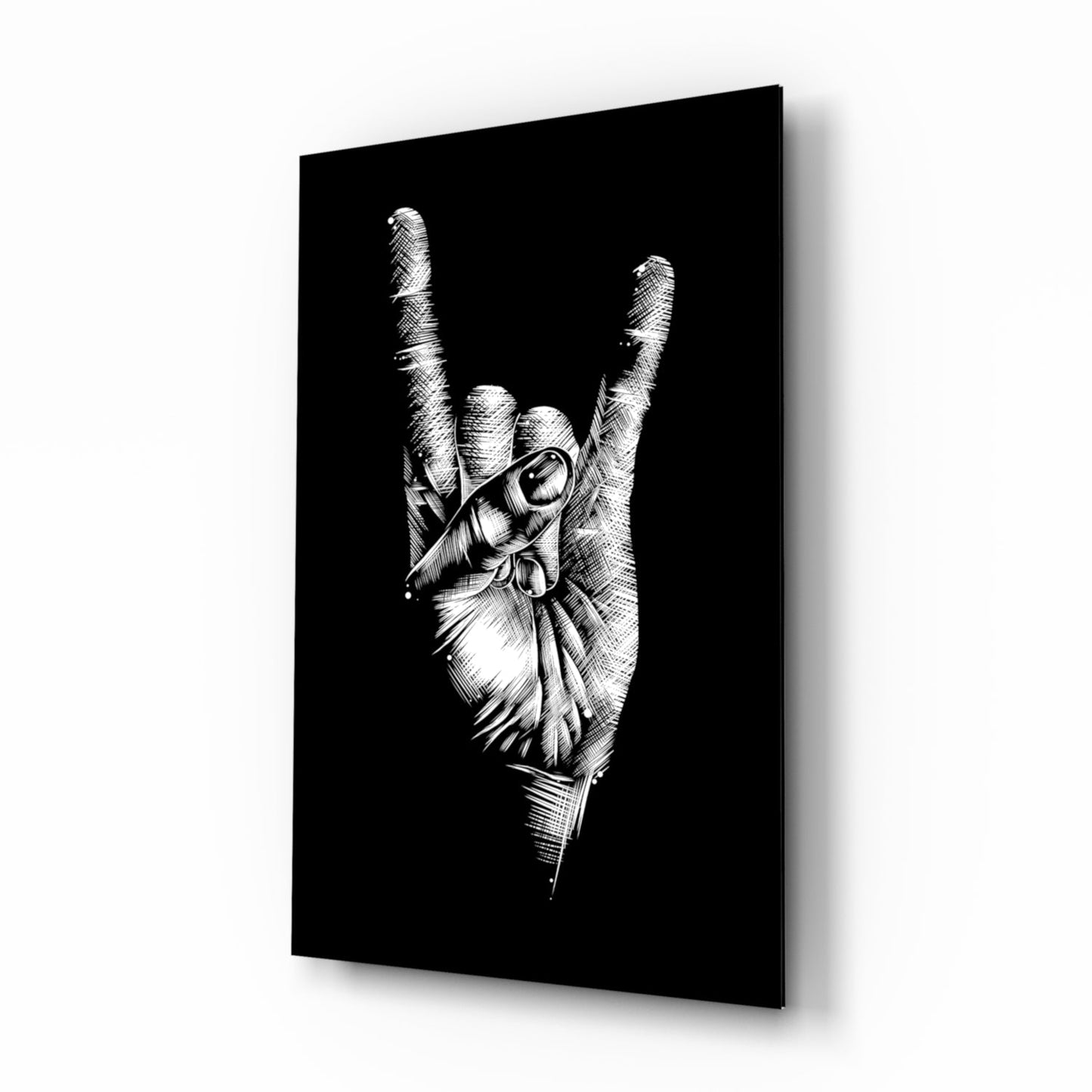 Black glass wall art displaying a detailed line-drawn hand making a rock horns gesture against dark background.