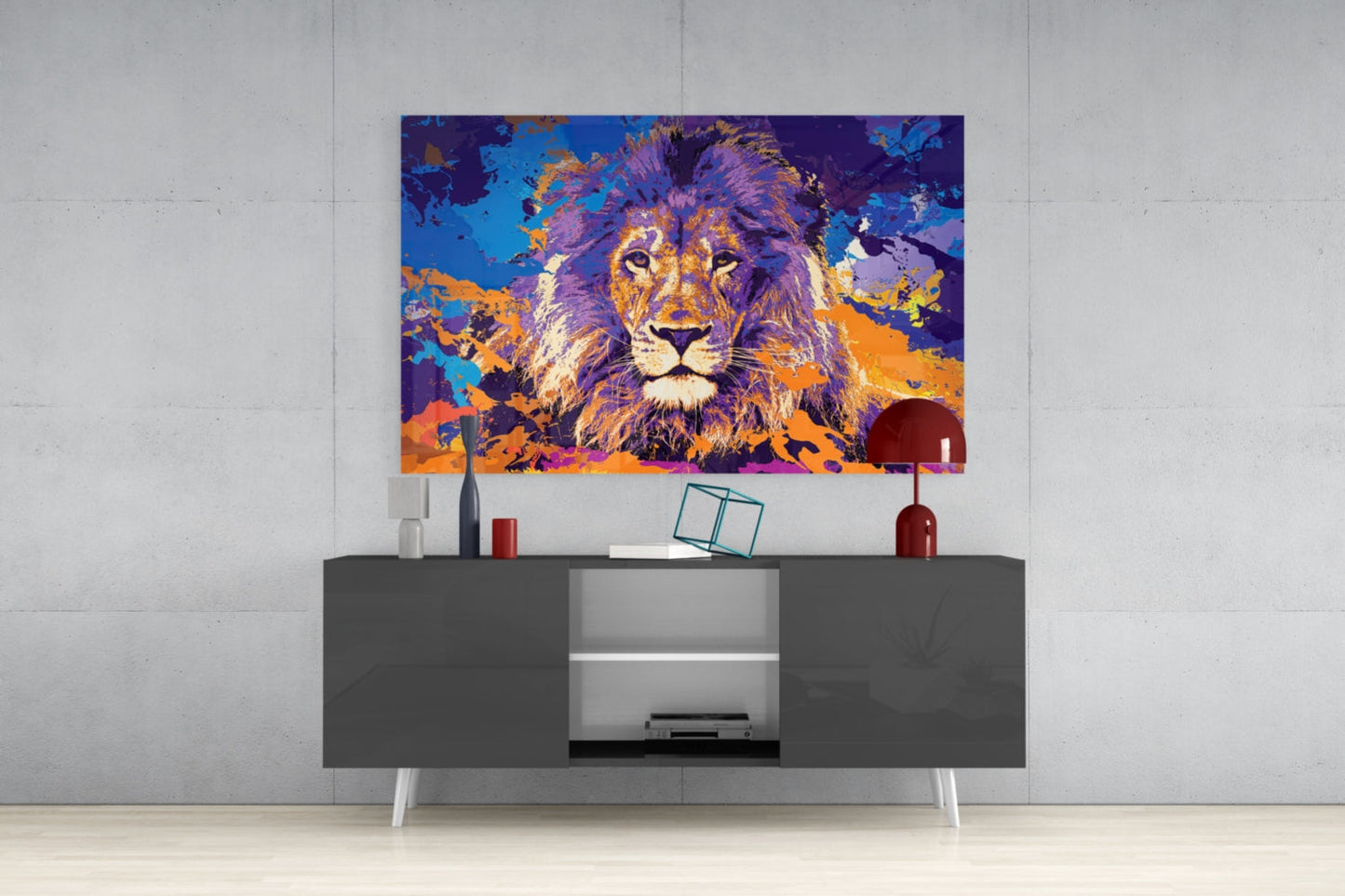 Purple Orange Splash Lion Glass Wall Art