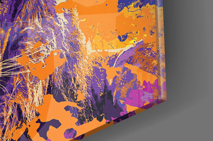 Purple Orange Splash Lion Glass Wall Art