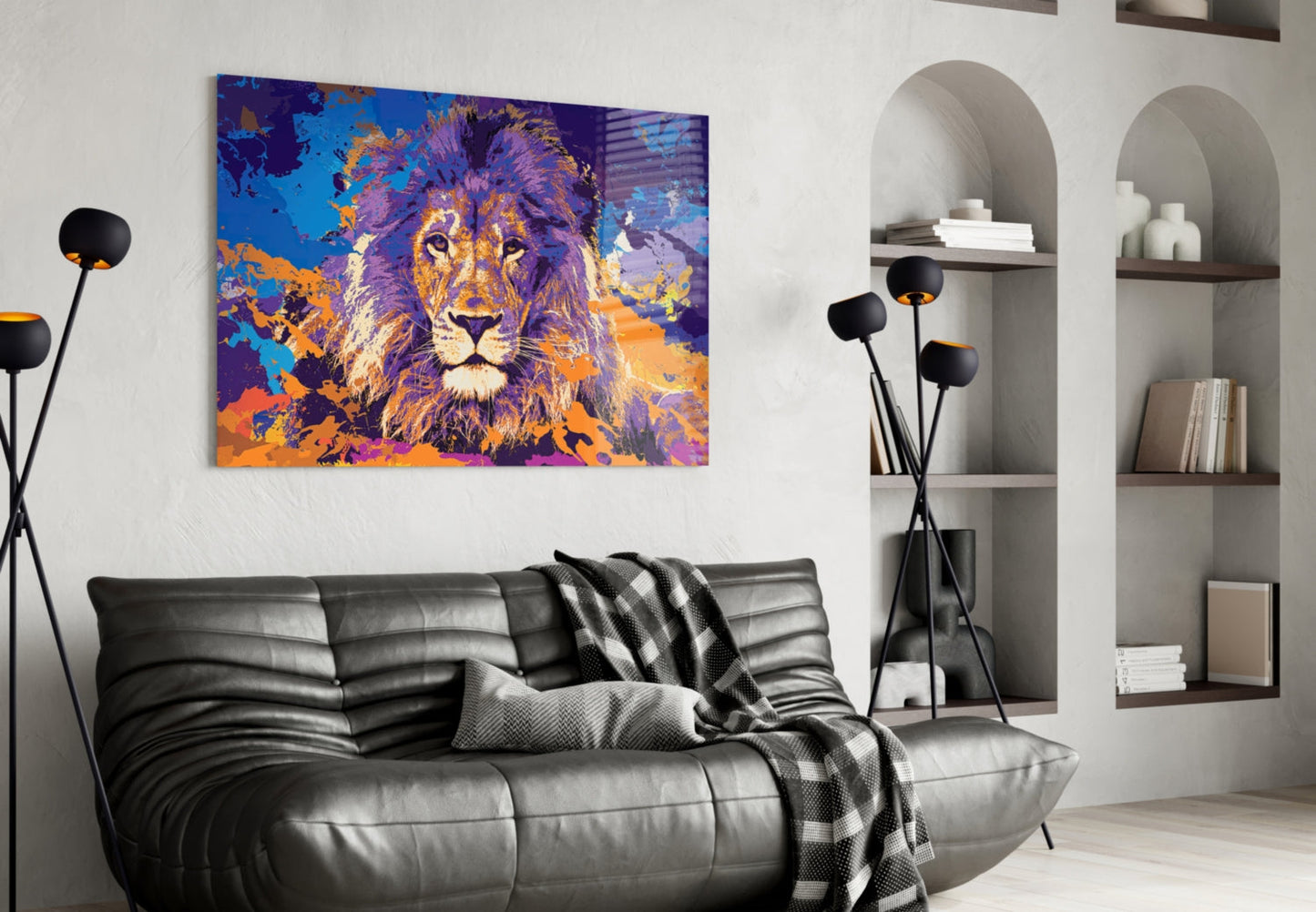 Purple Orange Splash Lion Glass Wall Art