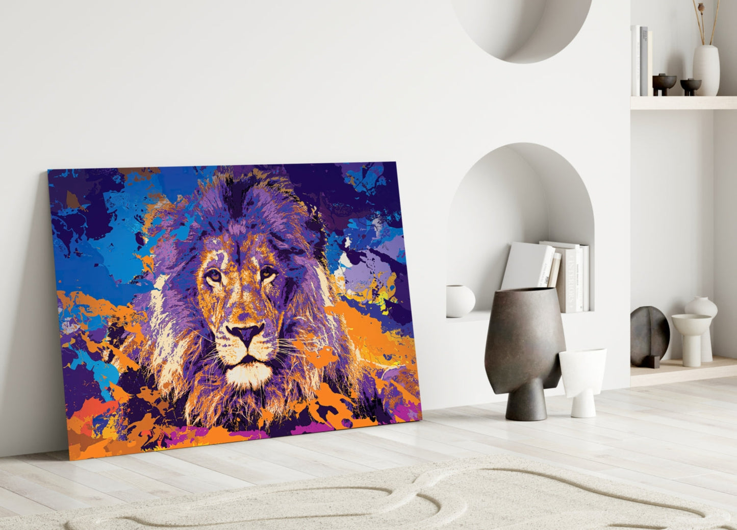 Purple Orange Splash Lion Glass Wall Art