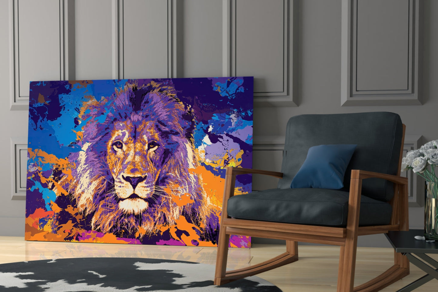 Purple Orange Splash Lion Glass Wall Art