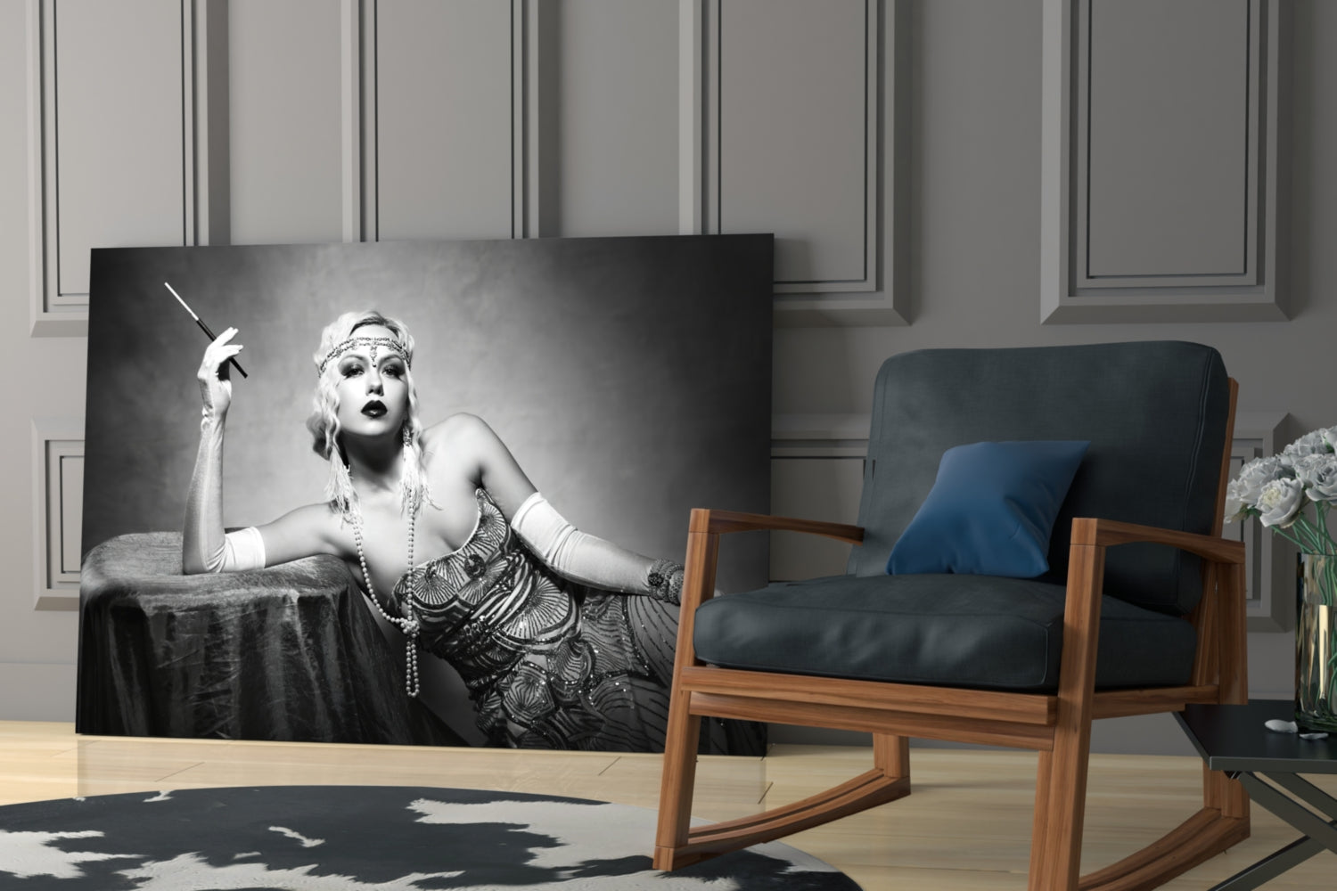 Black and white glass art panel depicting a 1920s woman with cigarette holder and headband displayed in modern living room setting.