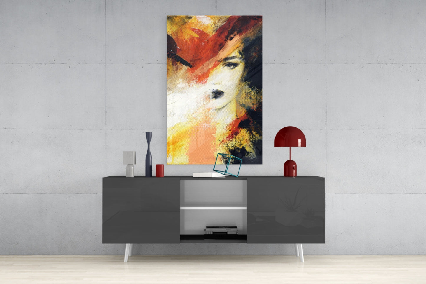 Fiery Orange Abstract Face Glass Wall Art