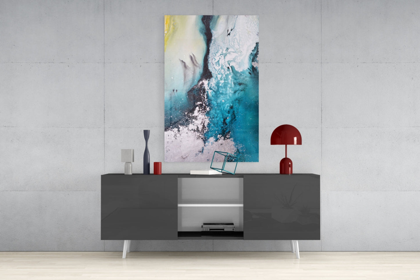 Teal Yellow Ink Cascade Glass Wall Art