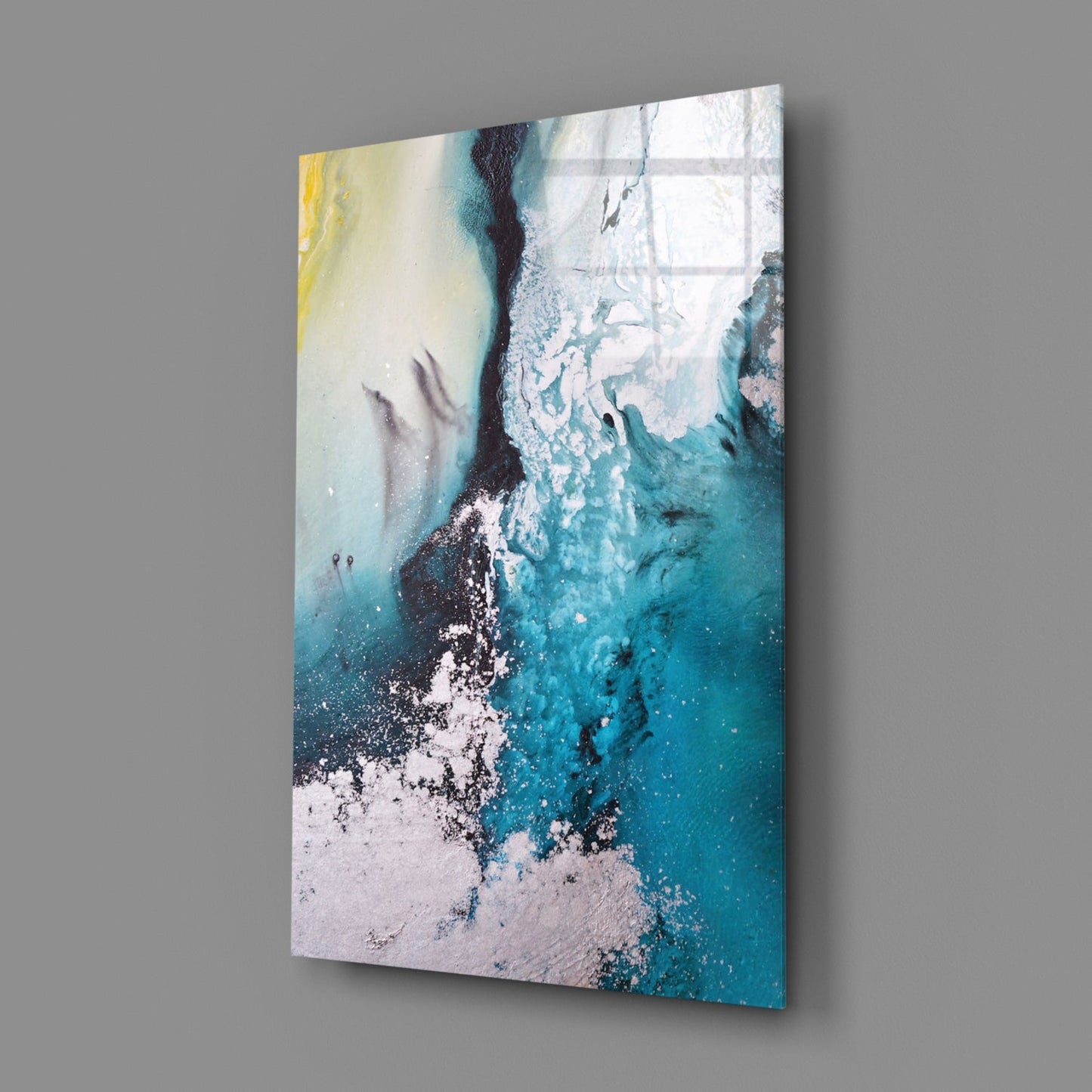 Teal Yellow Ink Cascade Glass Wall Art