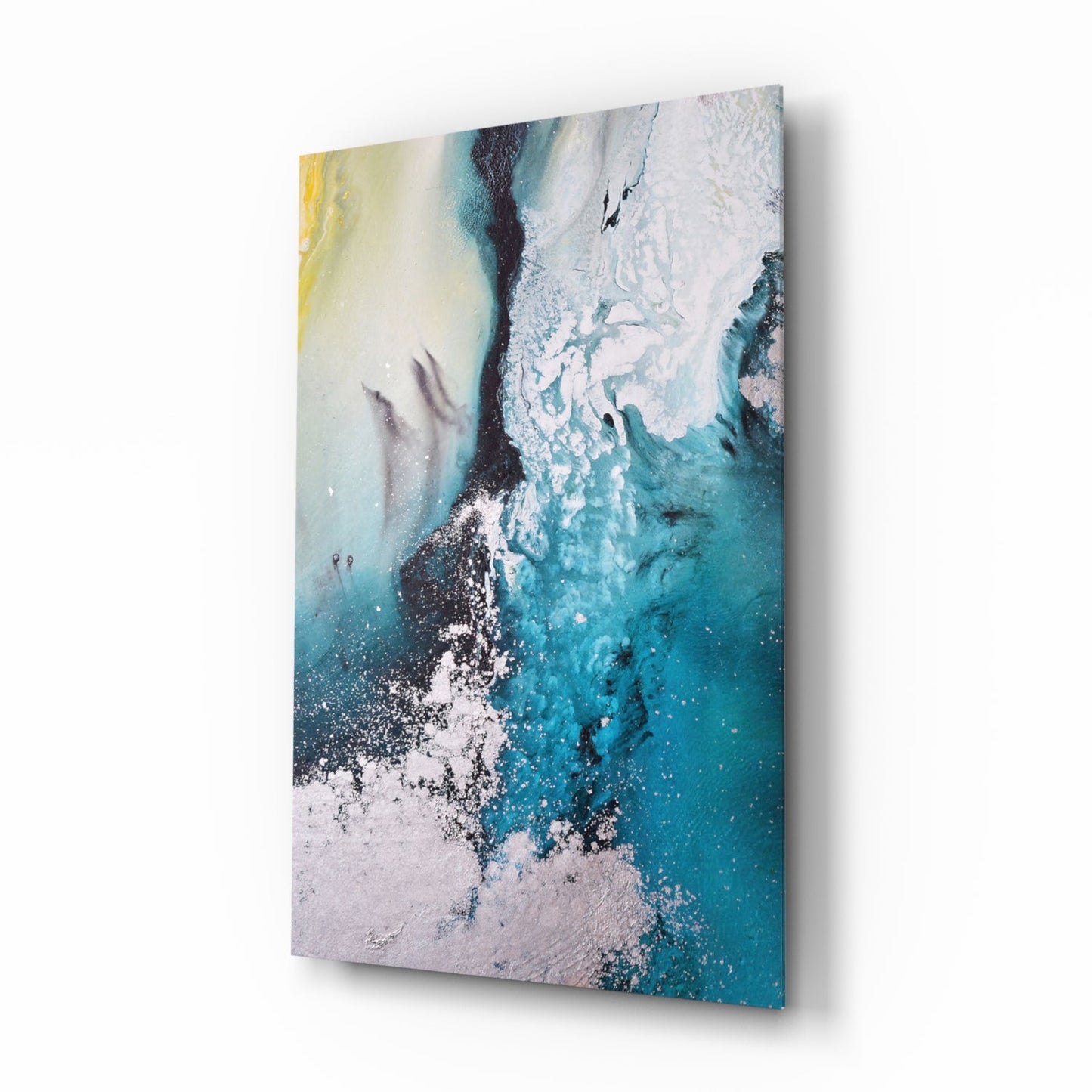 Teal Yellow Ink Cascade Glass Wall Art