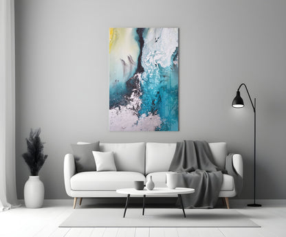 Teal Yellow Ink Cascade Glass Wall Art