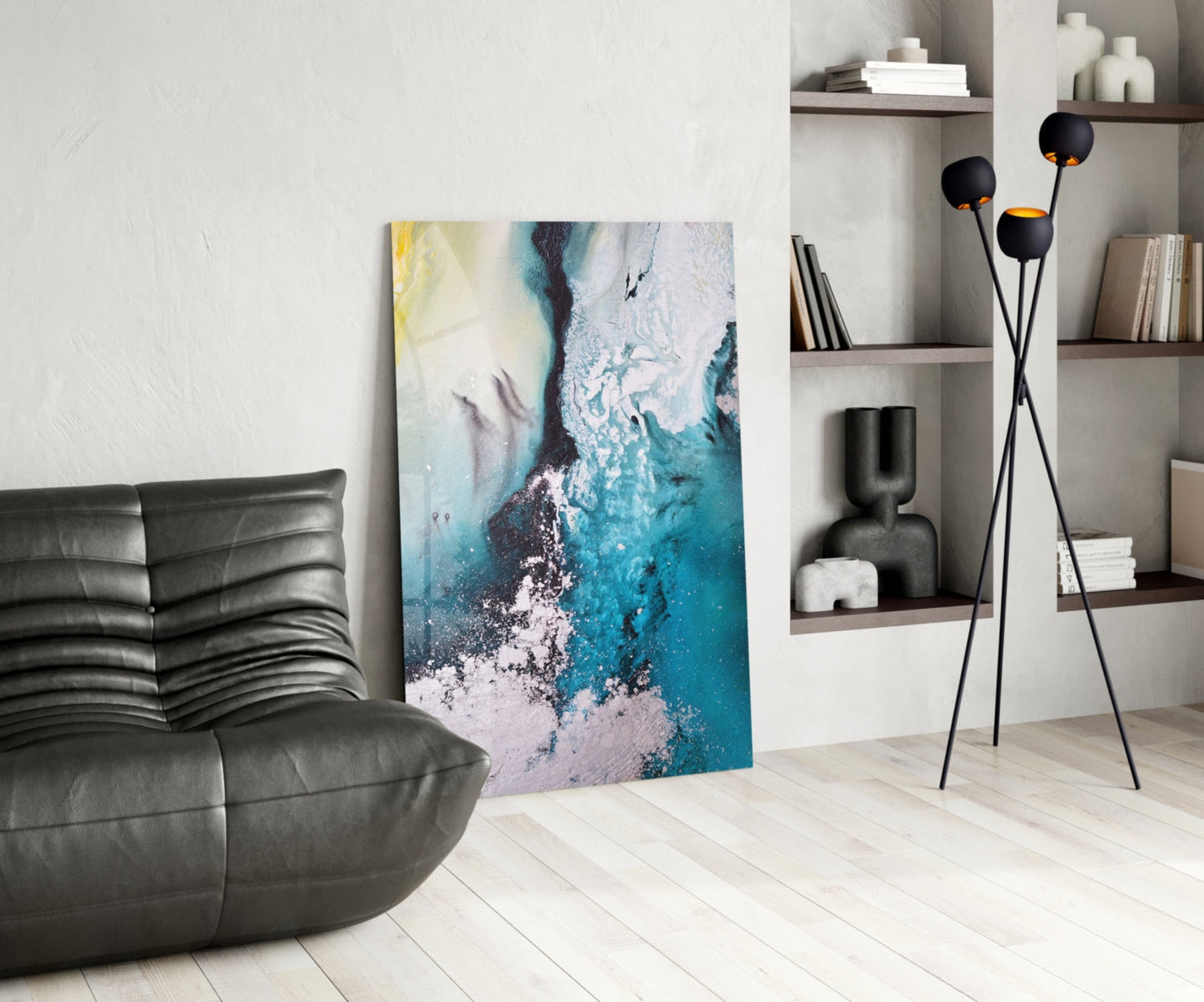 Teal Yellow Ink Cascade Glass Wall Art