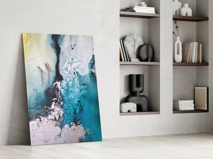 Teal Yellow Ink Cascade Glass Wall Art