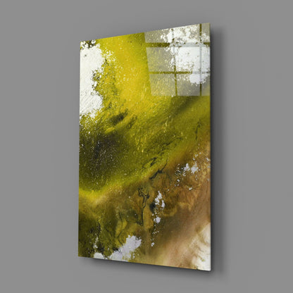 Olive Green Gold Fluid Ink Glass Wall Art