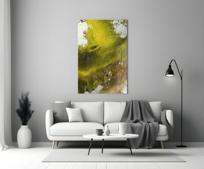 Olive Green Gold Fluid Ink Glass Wall Art