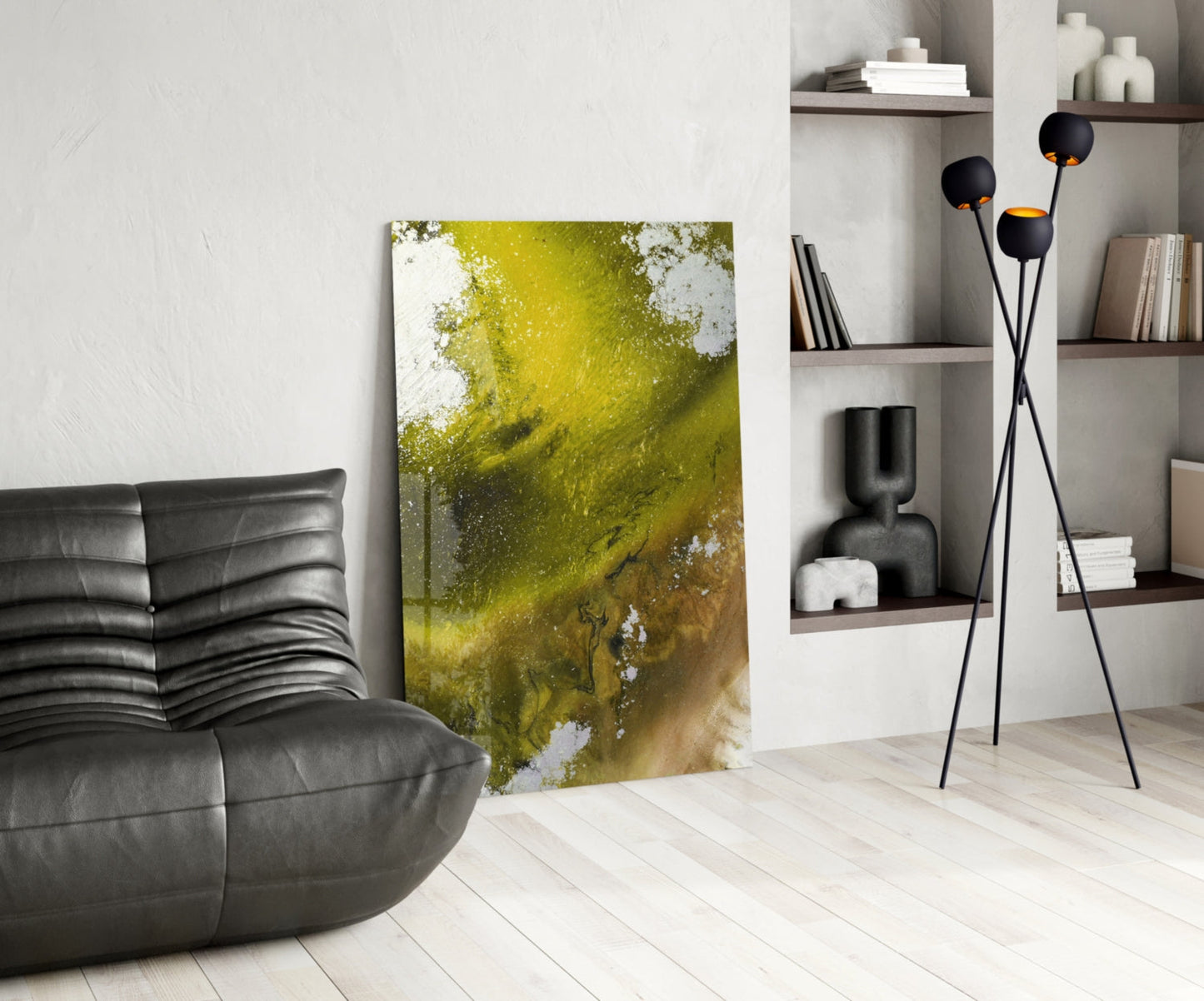 Olive Green Gold Fluid Ink Glass Wall Art