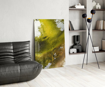 Olive Green Gold Fluid Ink Glass Wall Art