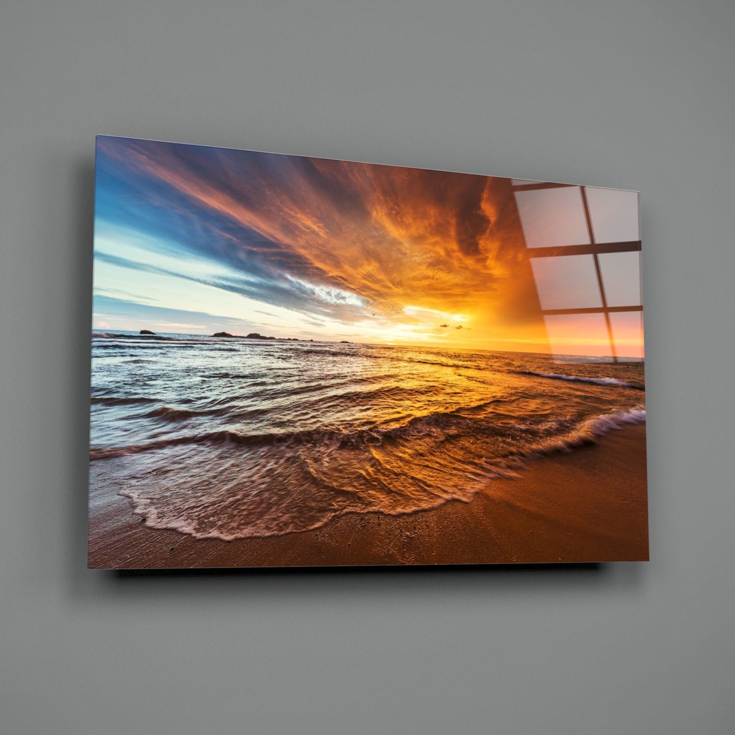 Fiery Sky Beach Sunset Glass Wall Art