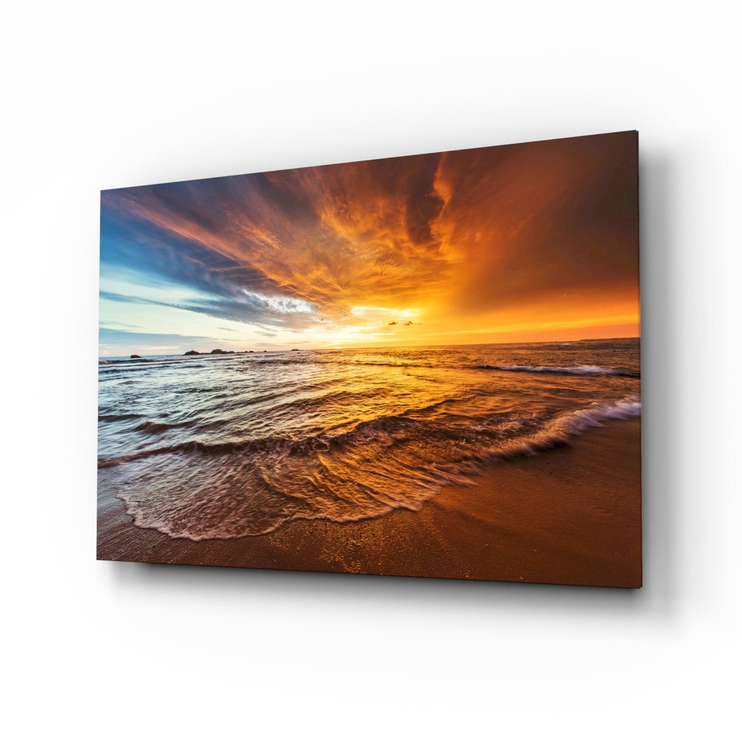 Fiery Sky Beach Sunset Glass Wall Art