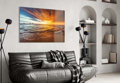 Fiery Sky Beach Sunset Glass Wall Art