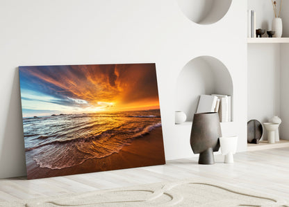 Fiery Sky Beach Sunset Glass Wall Art