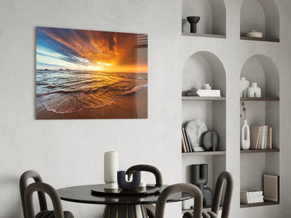 Fiery Sky Beach Sunset Glass Wall Art
