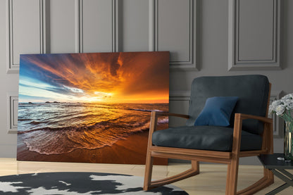Fiery Sky Beach Sunset Glass Wall Art