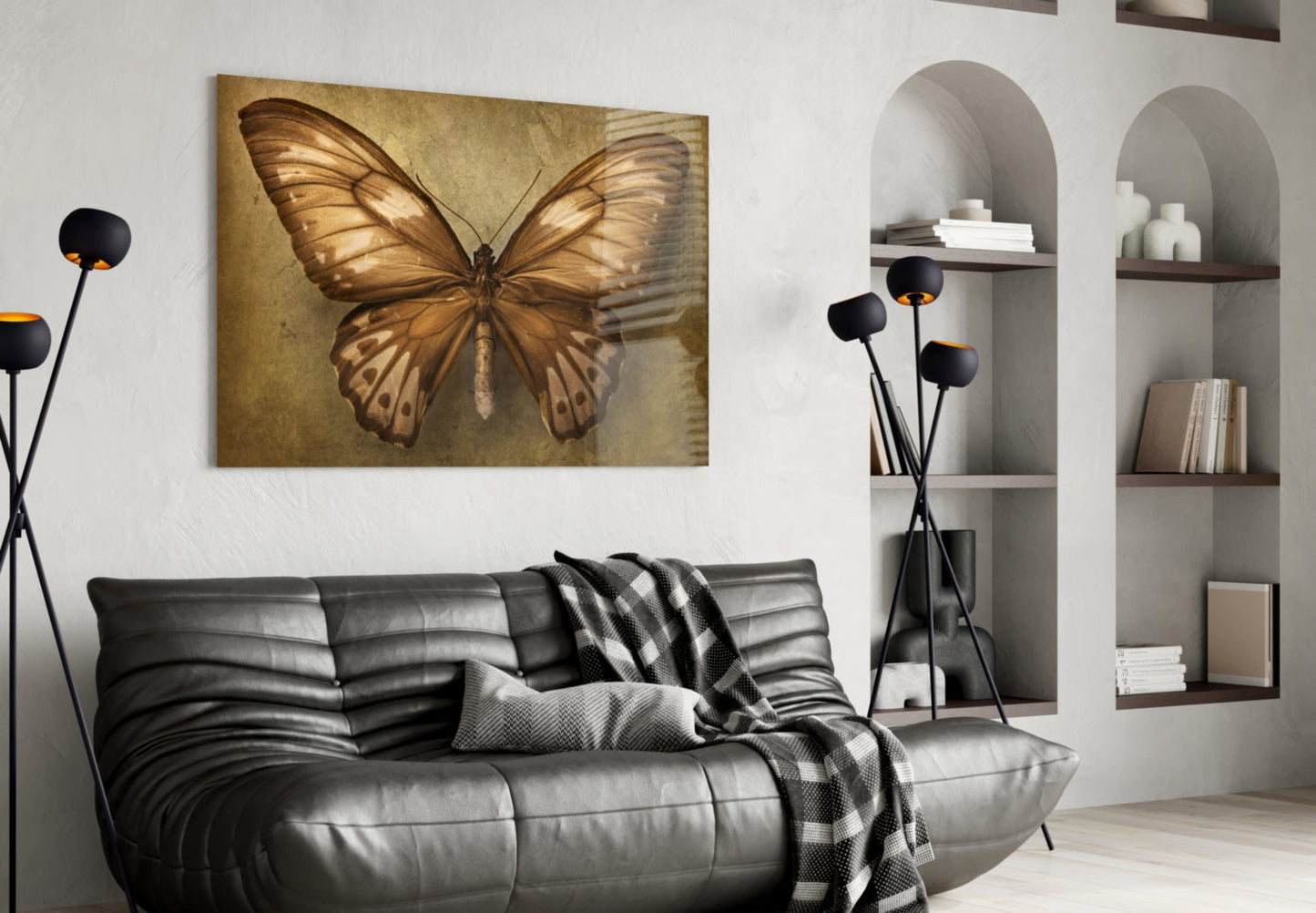 Vintage Sepia Butterfly Glass Wall Art