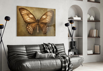 Vintage Sepia Butterfly Glass Wall Art