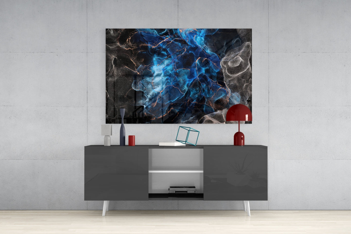 Sapphire Blue Ink Flow Glass Wall Art