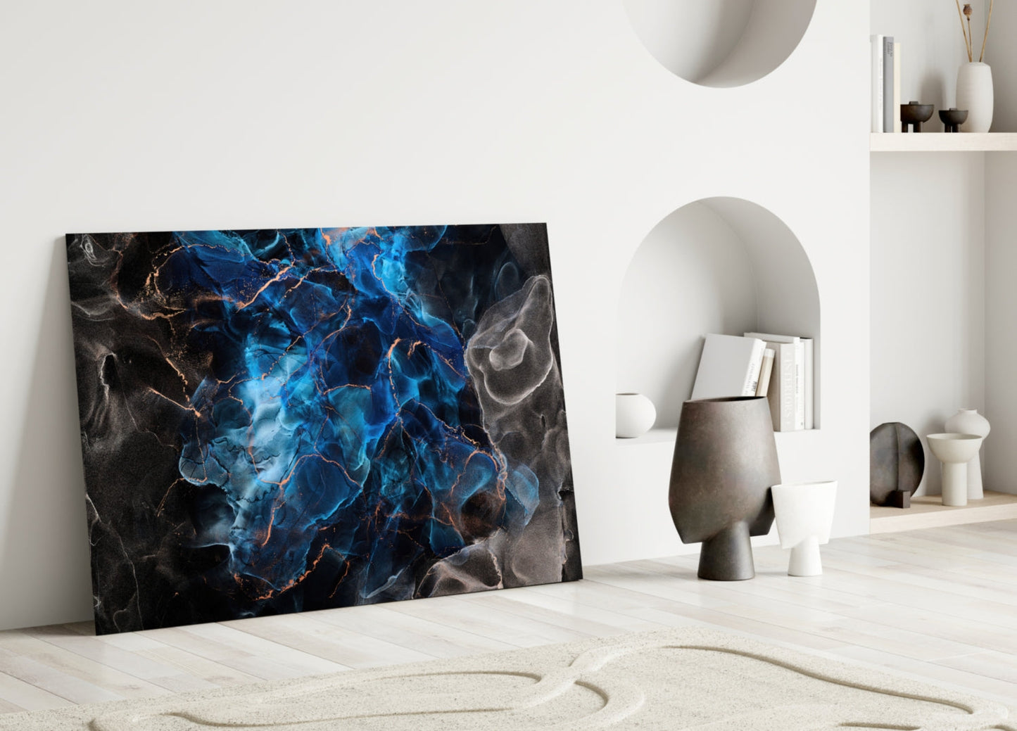 Sapphire Blue Ink Flow Glass Wall Art