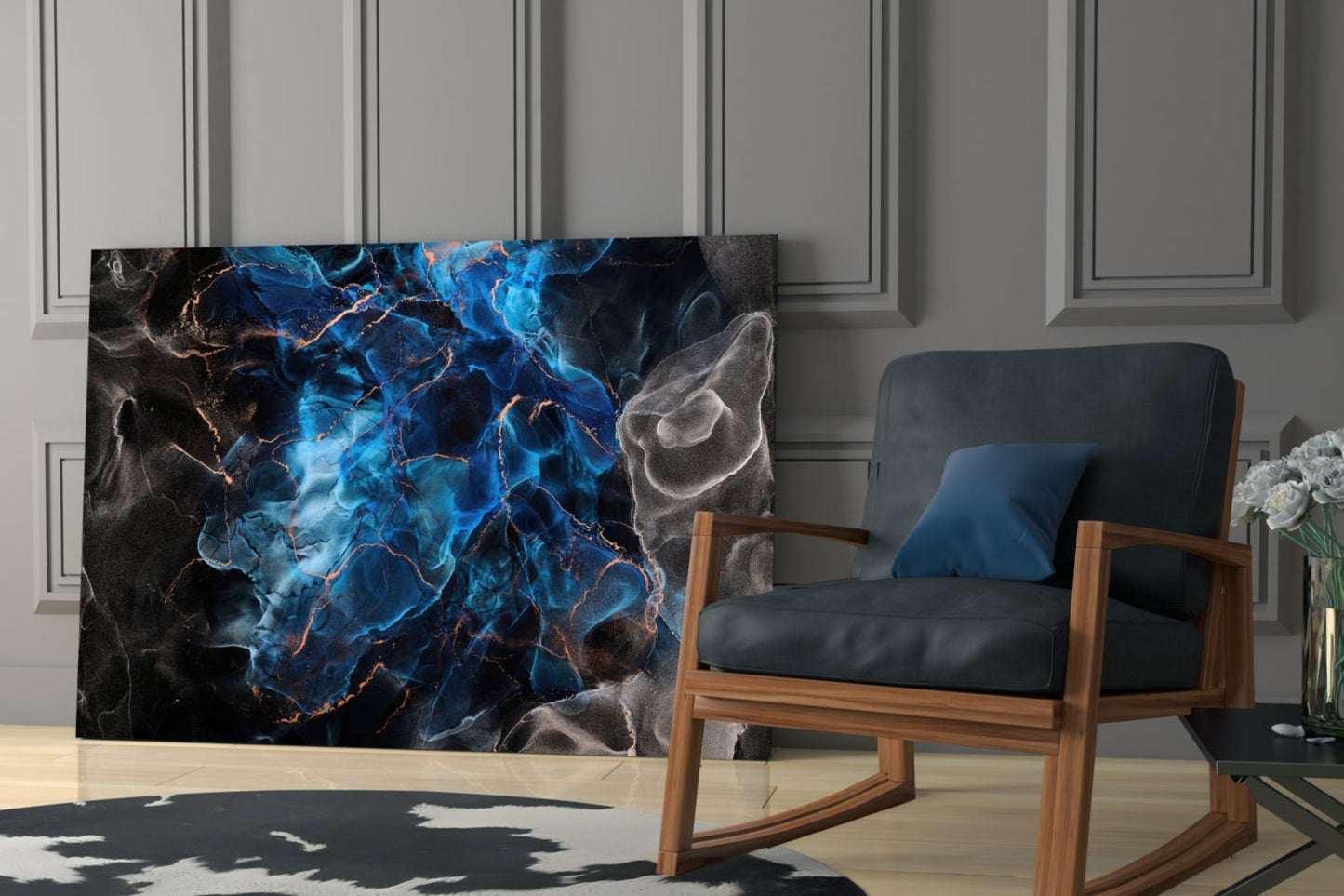 Sapphire Blue Ink Flow Glass Wall Art