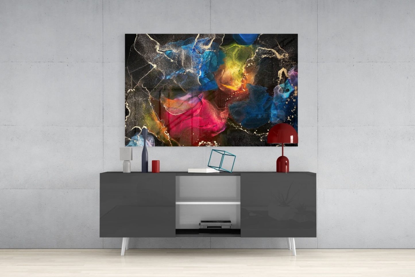 Vibrant Rainbow Ink Marble Glass Wall Art
