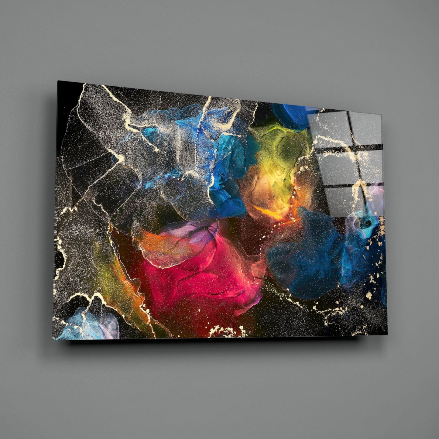 Vibrant Rainbow Ink Marble Glass Wall Art