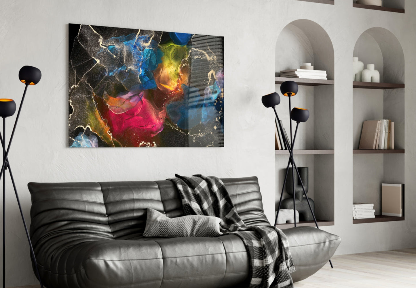 Vibrant Rainbow Ink Marble Glass Wall Art