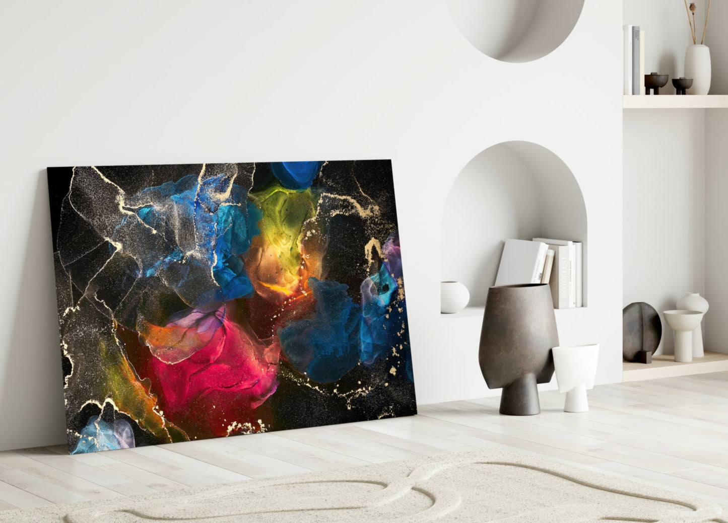 Vibrant Rainbow Ink Marble Glass Wall Art