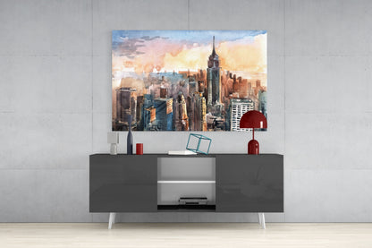 Watercolor Manhattan Skyline Sunset Glass Wall Art