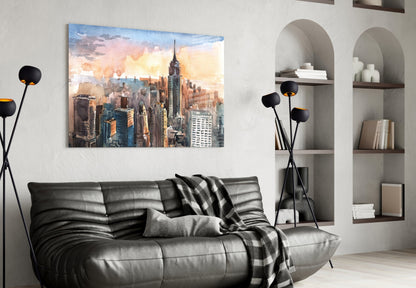 Watercolor Manhattan Skyline Sunset Glass Wall Art
