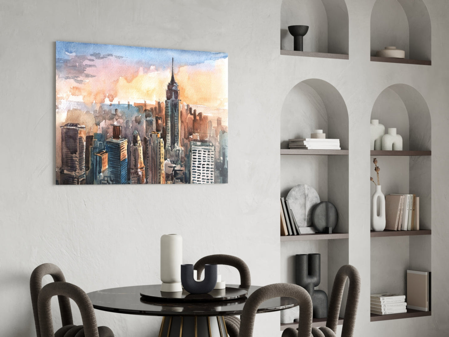 Watercolor Manhattan Skyline Sunset Glass Wall Art