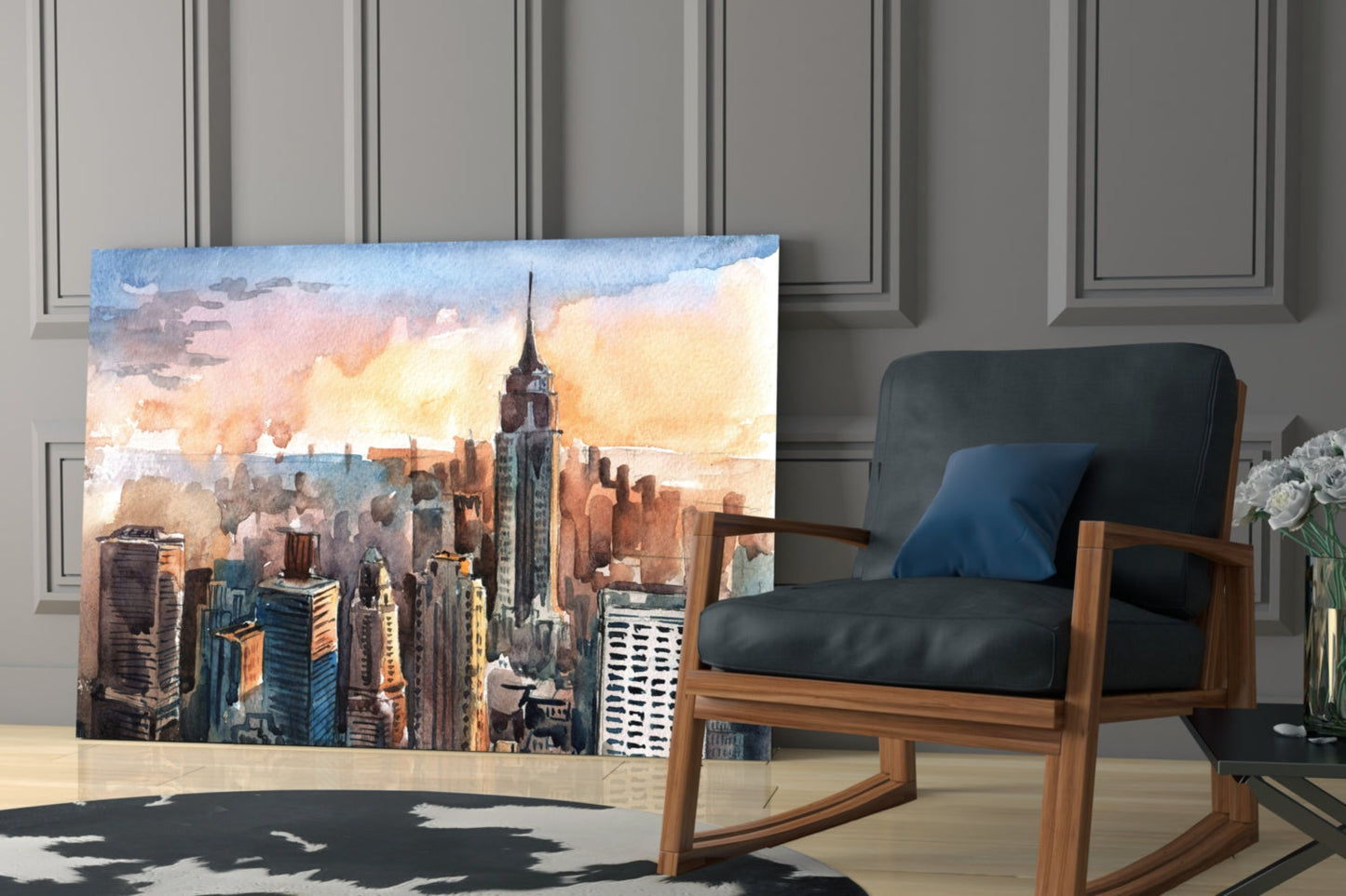 Watercolor Manhattan Skyline Sunset Glass Wall Art