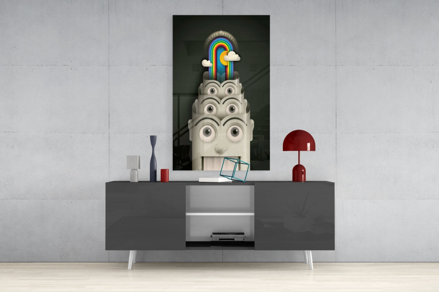 Rainbow Machine Glass Wall Art displayed above gray media console in modern interior setting with red lamp and decorative objects.