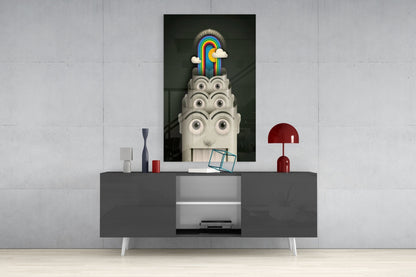 Rainbow Machine Glass Wall Art displayed above gray media console in modern interior setting with red lamp and decorative objects.