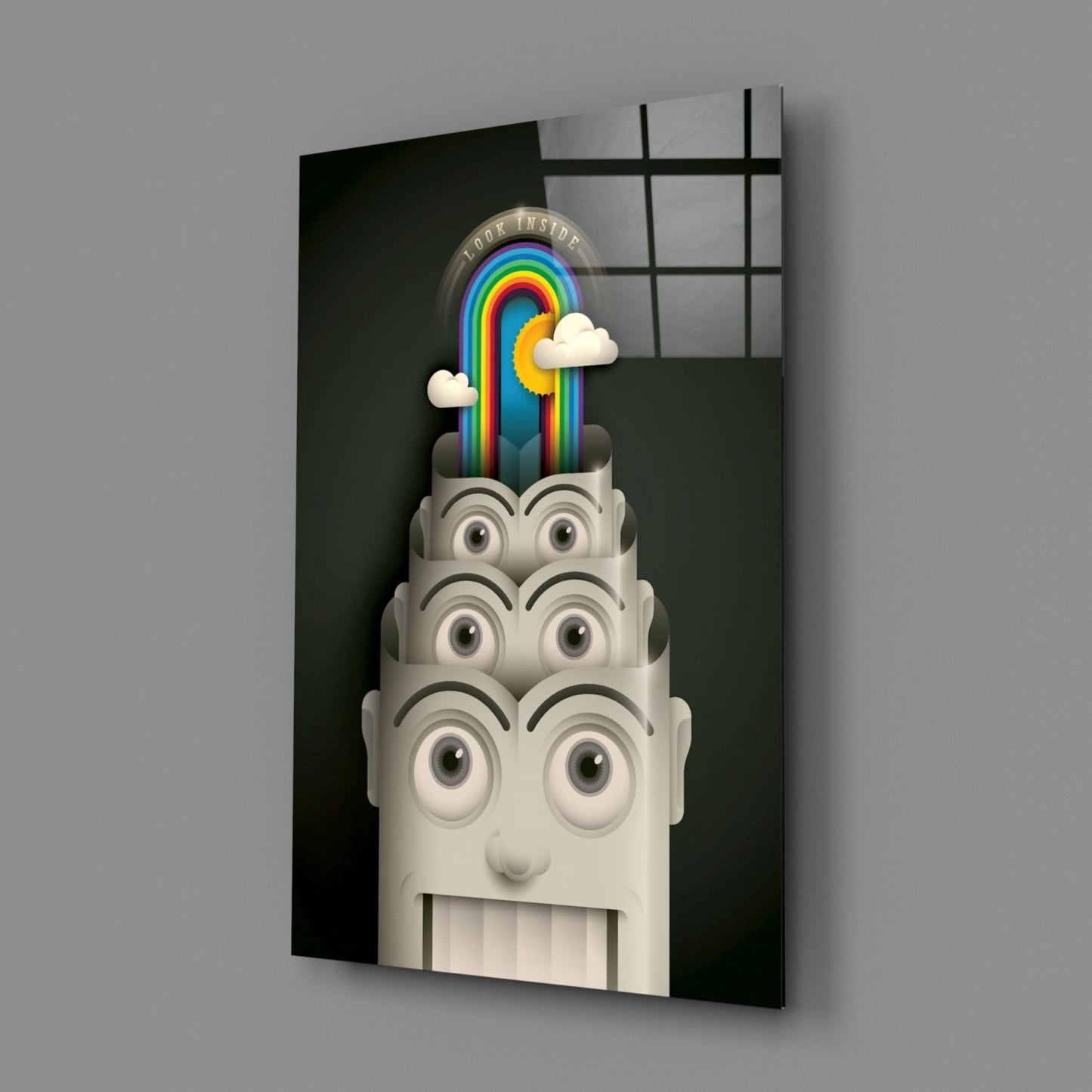 Glass wall art featuring a stylized white head with rainbow and clouds emerging from open top, displayed at three-quarter angle against dark background.