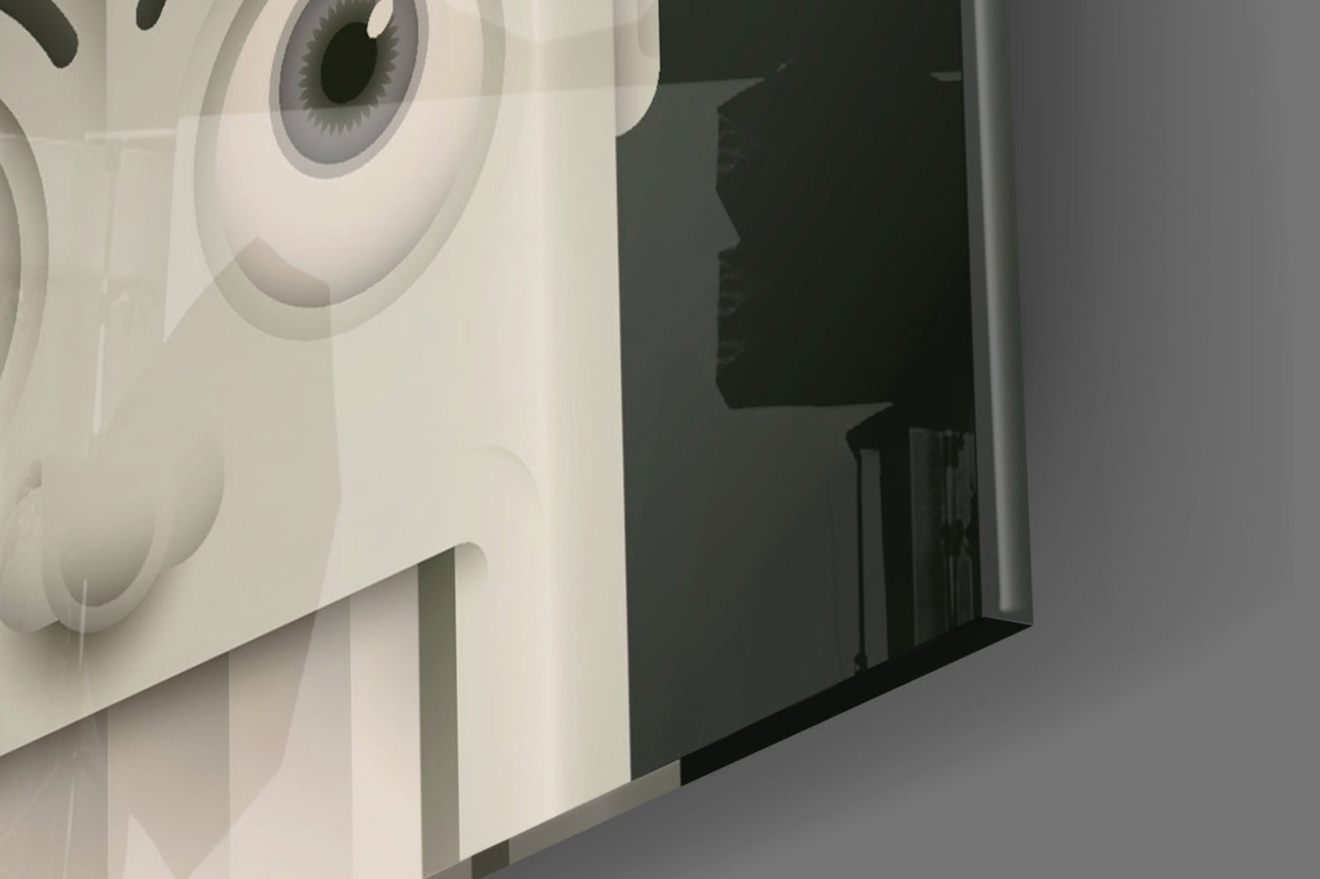 Close-up angled view of white glass wall art featuring a stylized eye design with gray iris detail.