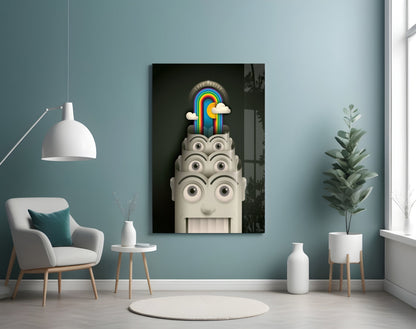 Surreal artwork featuring a cream-colored sculptural head with multiple eyes and a vibrant rainbow emerging from its top, displayed on a teal wall above a white chair.