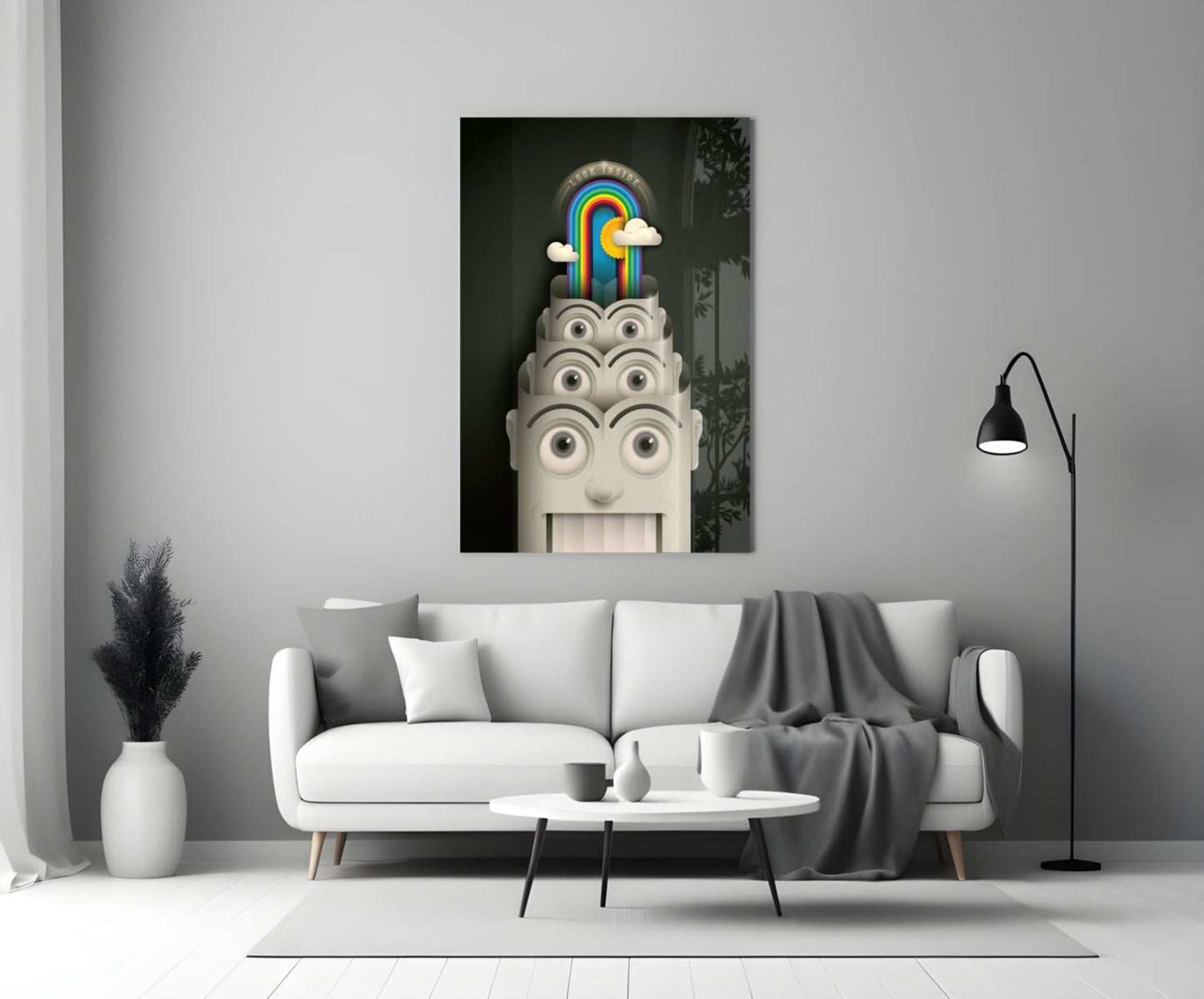 Rainbow Machine Glass Wall Art displayed above a white sofa in a minimalist living room setting.