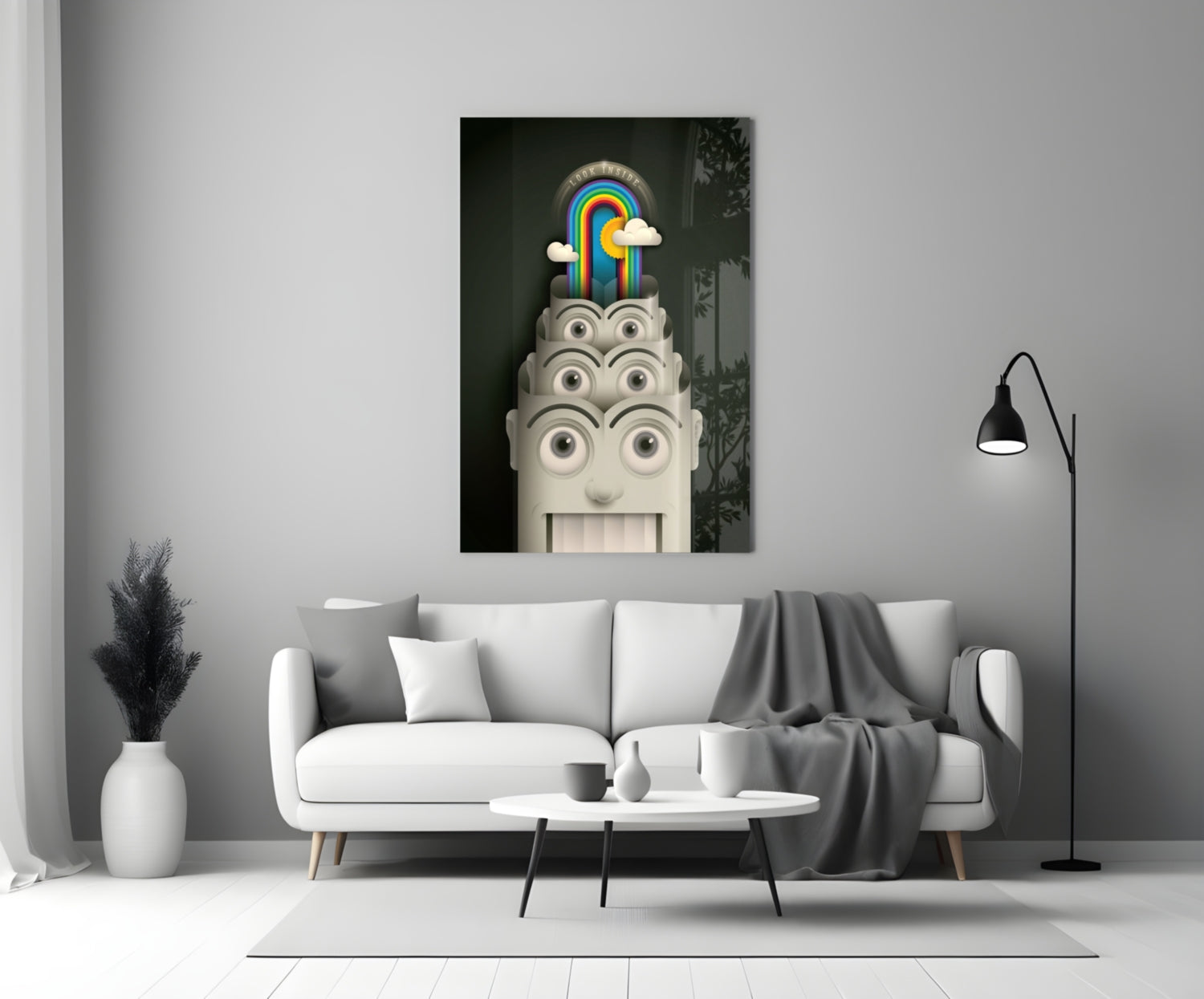 Rainbow Machine Glass Wall Art displayed above a white sofa in a minimalist living room setting.