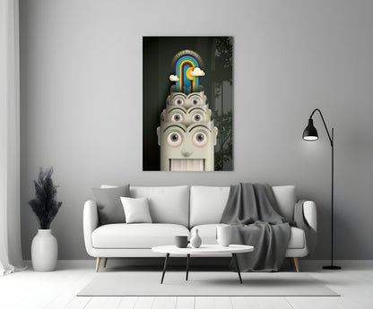 Rainbow Machine Glass Wall Art displayed above a white sofa in a minimalist living room setting.