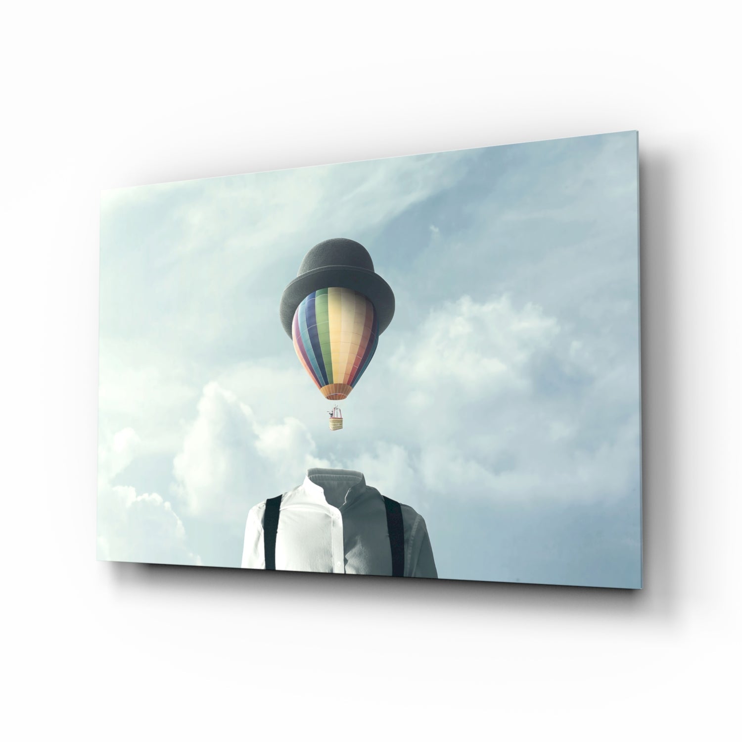 A surreal illustration on glass showing a figure with a hot air balloon for a head floating against a cloudy sky.