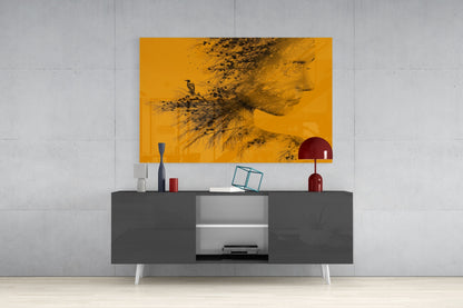 Amber Double Exposure Woman And Bird Glass Wall Art